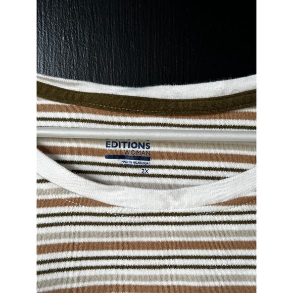 Editions Woman Striped Long Sleeve Top Women’s 2X Neutral Stretch Tee - Picture 2 of 4